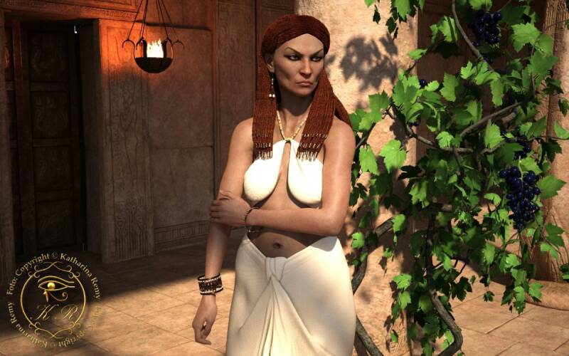 Totale des Innenhofs des Isistempels mit Pesechet im Zentrum – zwischen Säulen, Opfergaben und dem prüfenden Blick der Götter