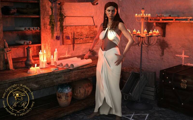 Pesechet im dunklen Keller des Isistempels – umgeben von Schatten und dem Fluch der Vergangenheit.