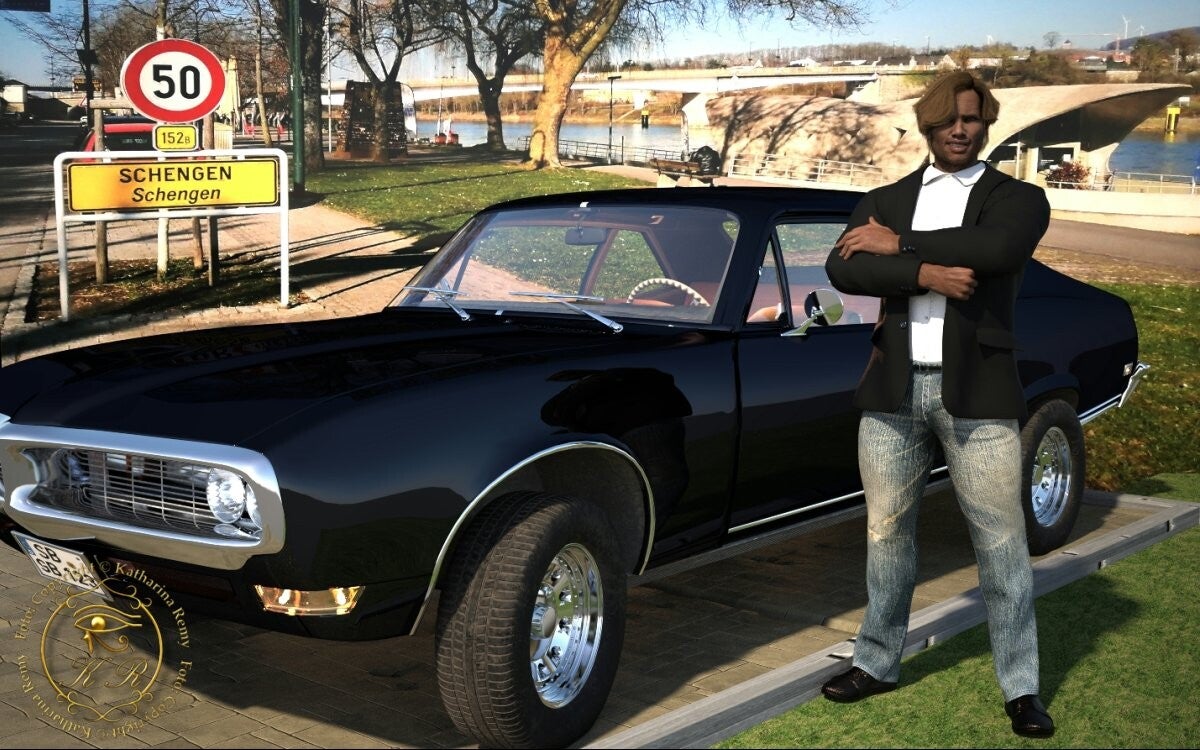 ein Bild in Schengen vor dem Ortsschild. Ein Mann steht neben einem schwarzen Sportwagen