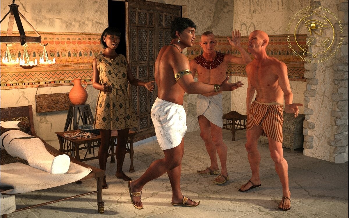 2 alte Männer, 1 junger Mann und eine junge Frau in einem schäbigen Raum