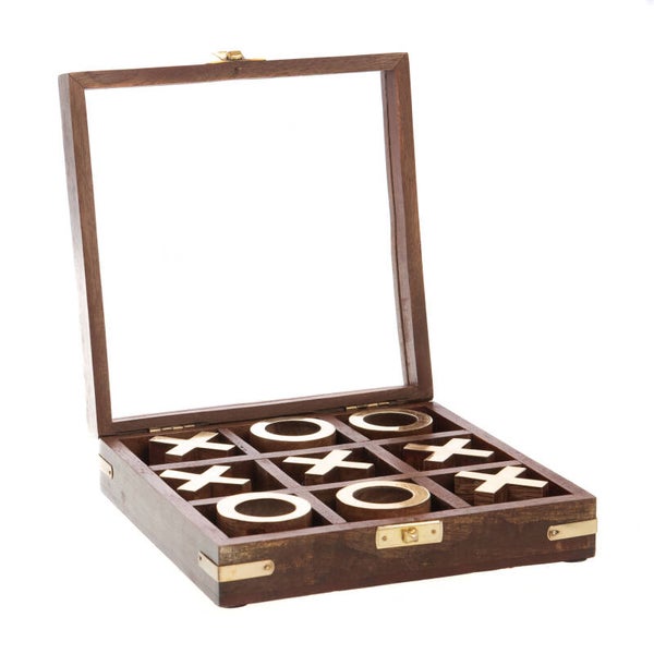 Jeu Tic Tac Toe en bois de manguier – Boîte décorative marron 18 x 18 cm