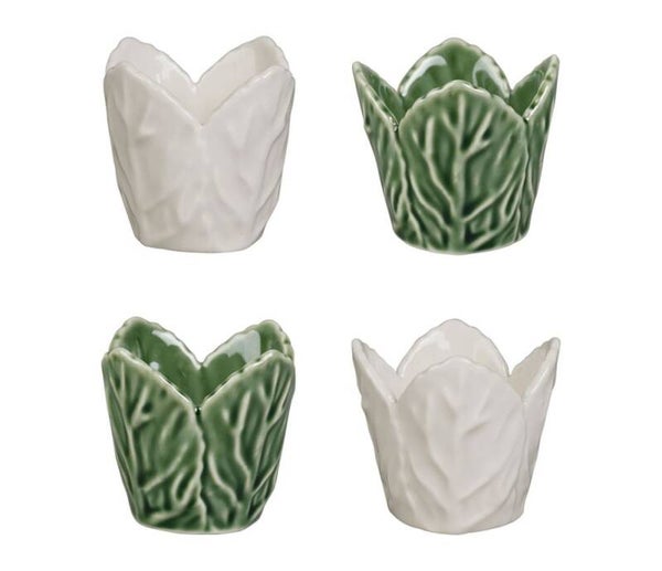 Coquetiers Chou vert et blanc en grès – Lot de 4