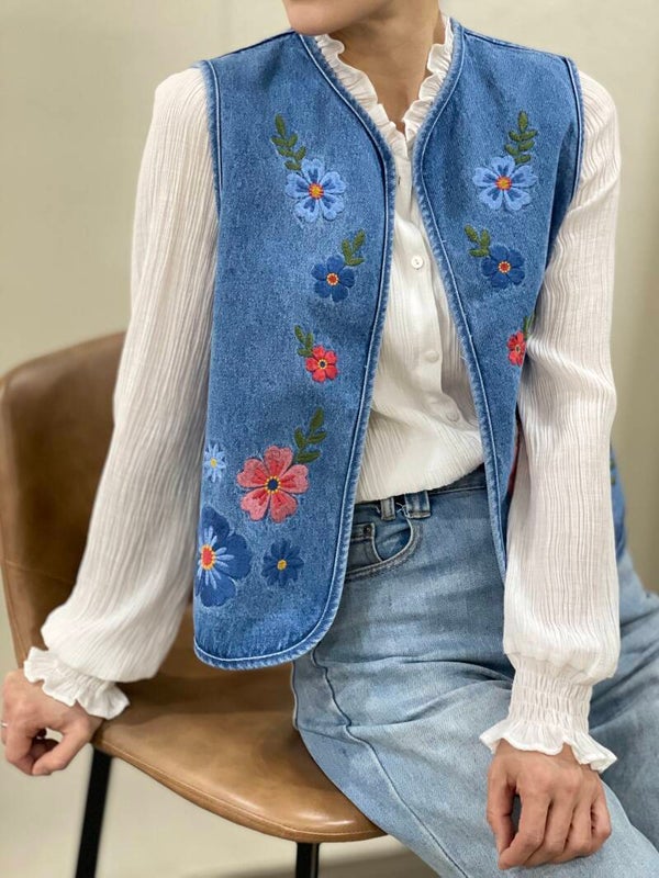 Gilet Rosalie en jean brodé – gilet sans manches femme 100% coton