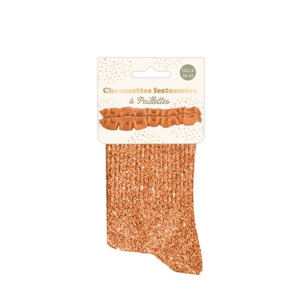 Chaussettes courtes feston à paillettes pêche