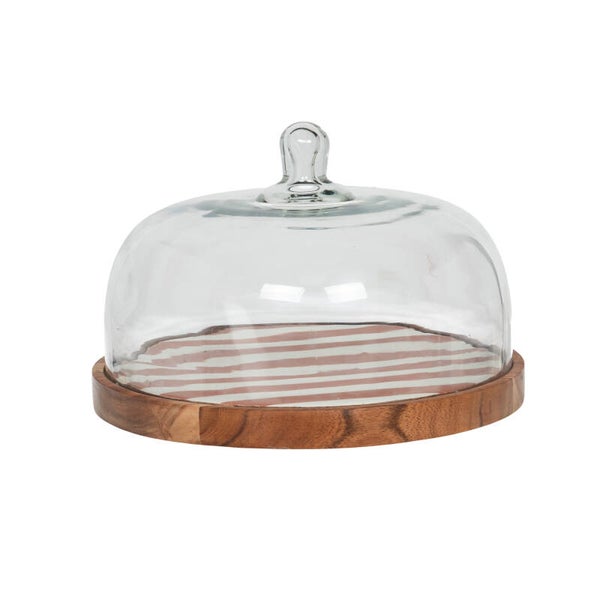 Plat à gâteau Dario avec cloche en verre et socle en bois décoré – Ø30 cm