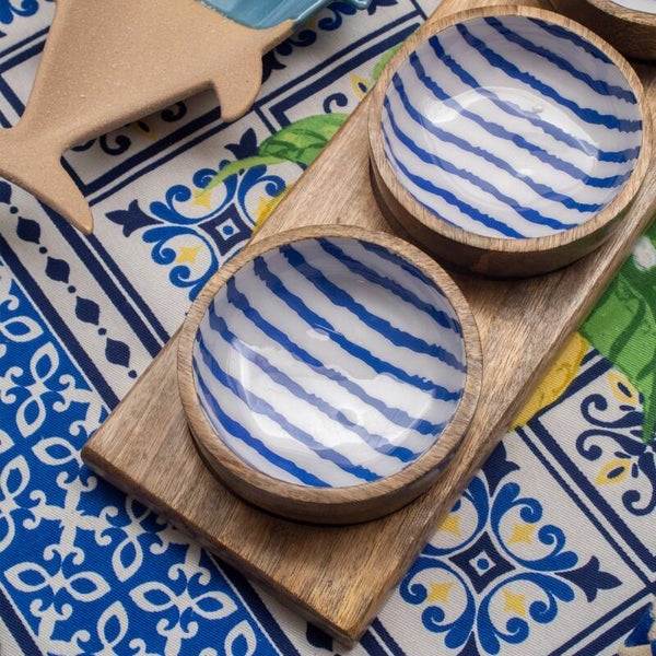 Plateau apéritif 3 bols rayures Marine