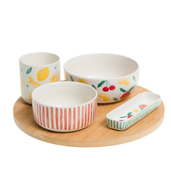 Plat et ses 4 bols Fruty – service apéritif en porcelaine