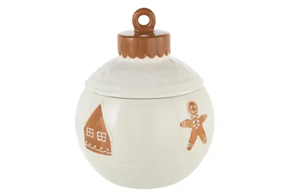 Pot à provisions Boule de Noël rond en dolomite blanc et caramel
