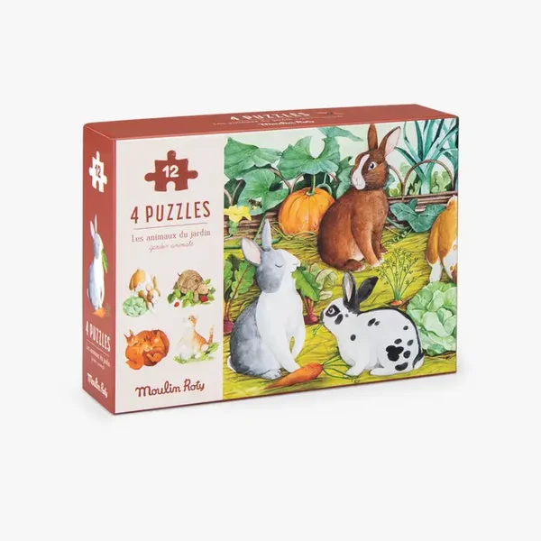 Coffret 4 mini-puzzles Animaux du jardin – 12 pièces – Dès 3 ans