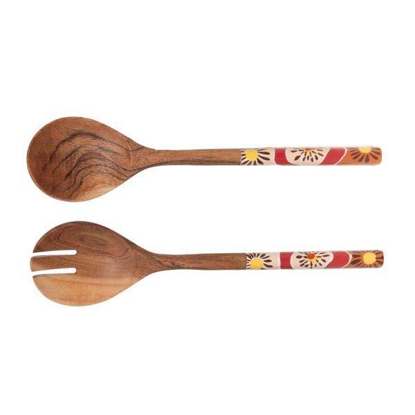 Lot de 2 couverts à salade Florine en bois de manguier et émail décoré – 29,5 cm