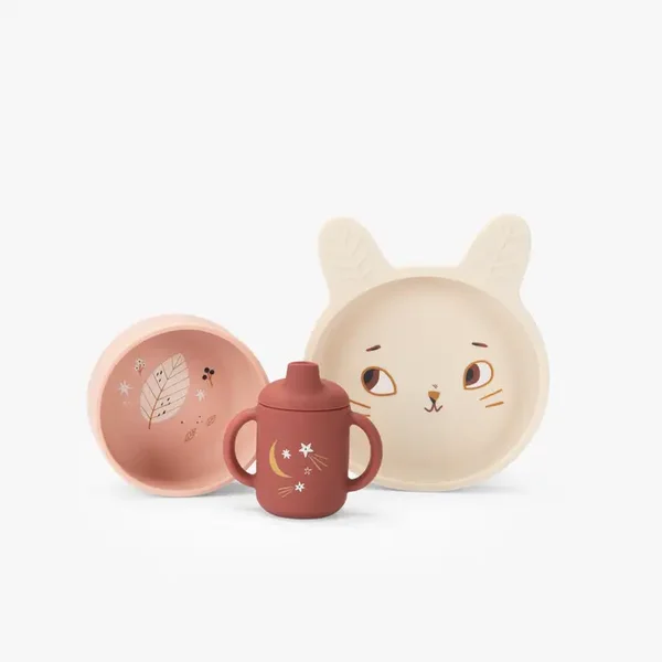 Coffret vaisselle bébé en silicone – Bol, tasse et assiette – Après la pluie