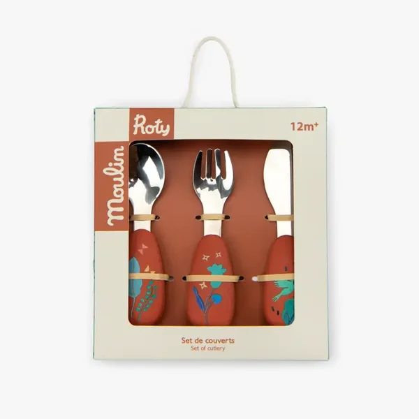 Set de 3 couverts bébé en inox et silicone – La forêt Mawa