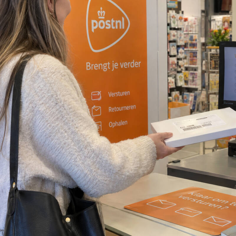 Een vrouw geeft een brievenbuspakje af bij een POSTNL pakketpunt
