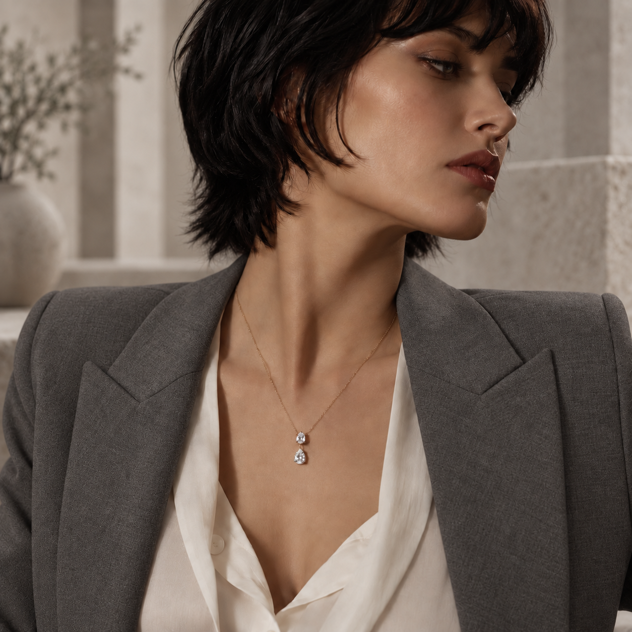 Een vrouw draagt een ketting uit de Shine Bright collectie van  Vic the Label - stainless steel sieraden