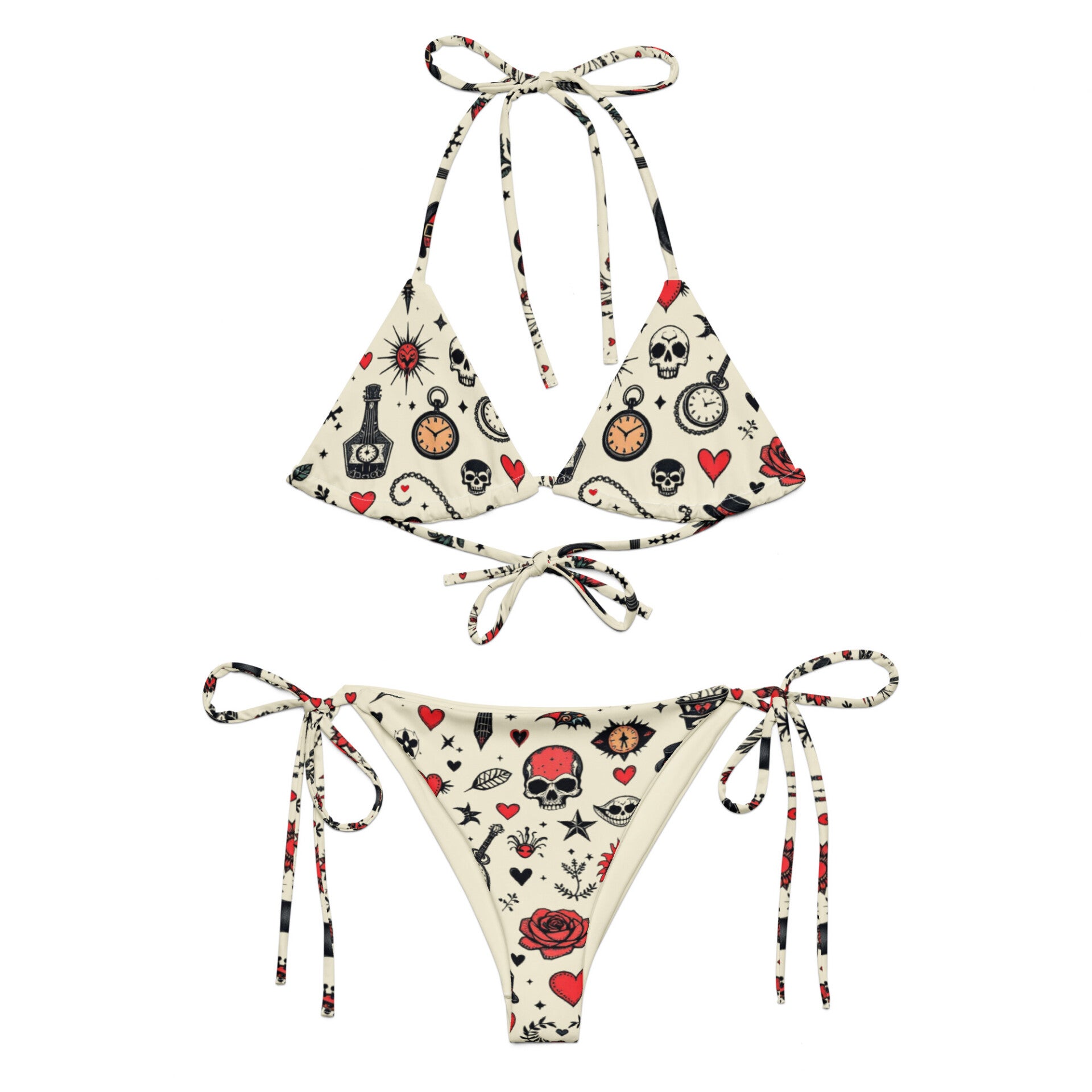 BIKINI IMBOTTITO CON LACCETTI con stampa Tatoo Old School