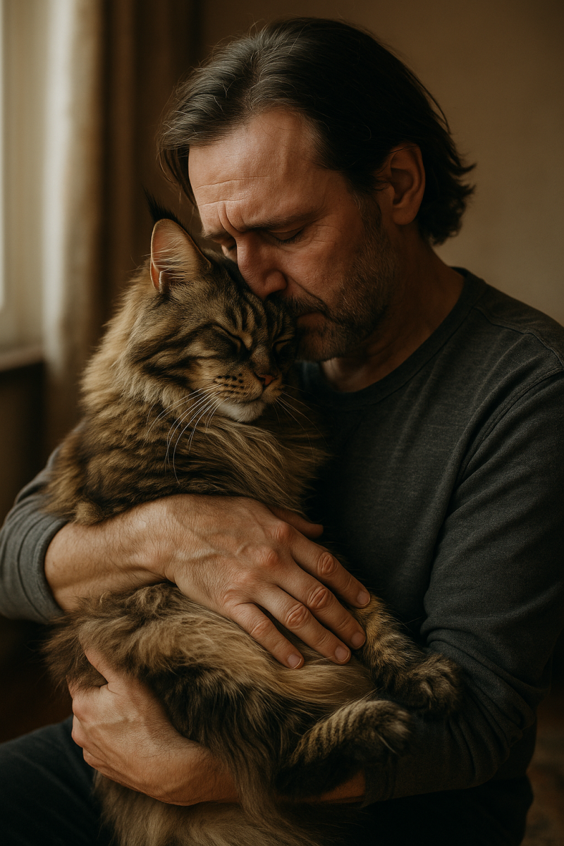 Ein emotionaler Moment zwischen einem Mann und einem Maine Coon, eng aneinandergeschmiegt, in warmem Licht – ein Bild über die heilende Kraft der Katzenliebe.