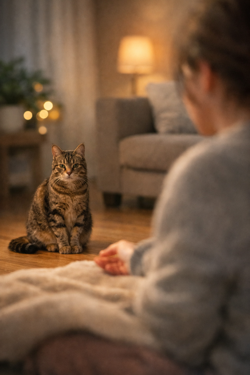 Katze sitzt ruhig in einiger Entfernung und beobachtet ihren Menschen – Nähe ohne Berührung, Vertrauen auf Katzenart.
