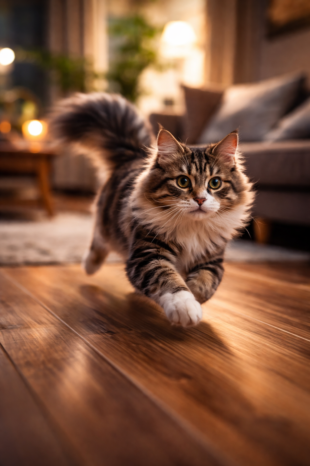 Maine-Coon-Katze im Zoomies-Moment, die mit hoher Geschwindigkeit durch das Wohnzimmer rennt