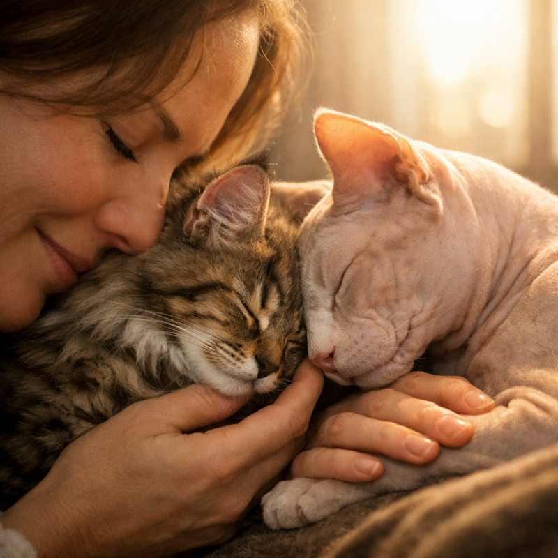Emotionale Bindung zwischen Mensch und Katze – Maine Coon und Sphynx in ruhigem, vertrauensvollem Moment