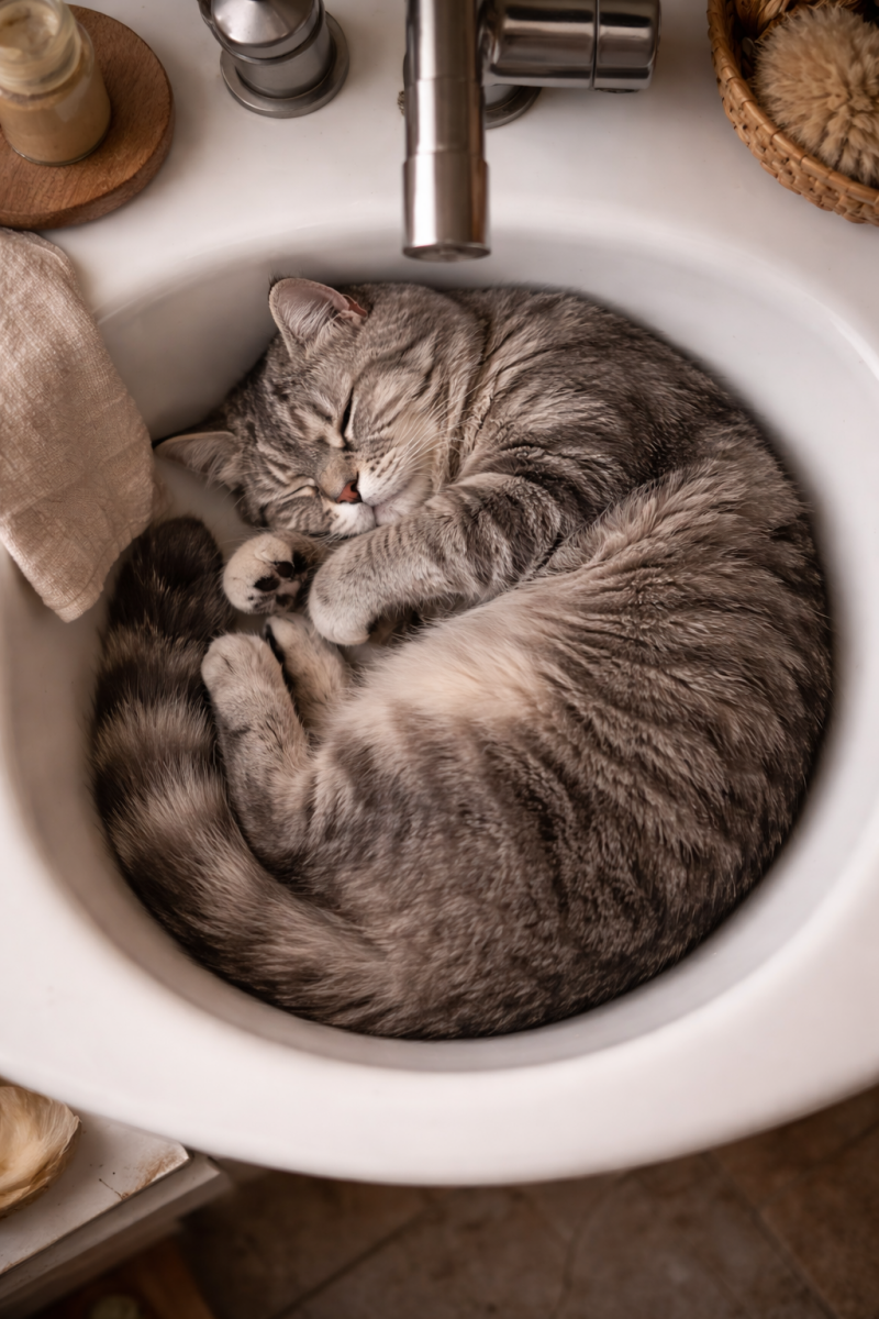 Britisch Kurzhaar Katze schläft zusammengerollt in einem weißen Waschbecken, aufgenommen von oben, weiches Tageslicht, ruhige und sichere Atmosphäre.