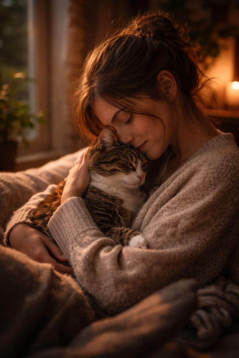 Eine Frau mit kurzen Haaren und Brille sitzt ruhig im warmen, goldenen Licht, umgeben von einem Maine Coon und einem Sphynx. Das Bild symbolisiert Achtsamkeit, Frieden und die Kunst, im Jetzt zu leben.
