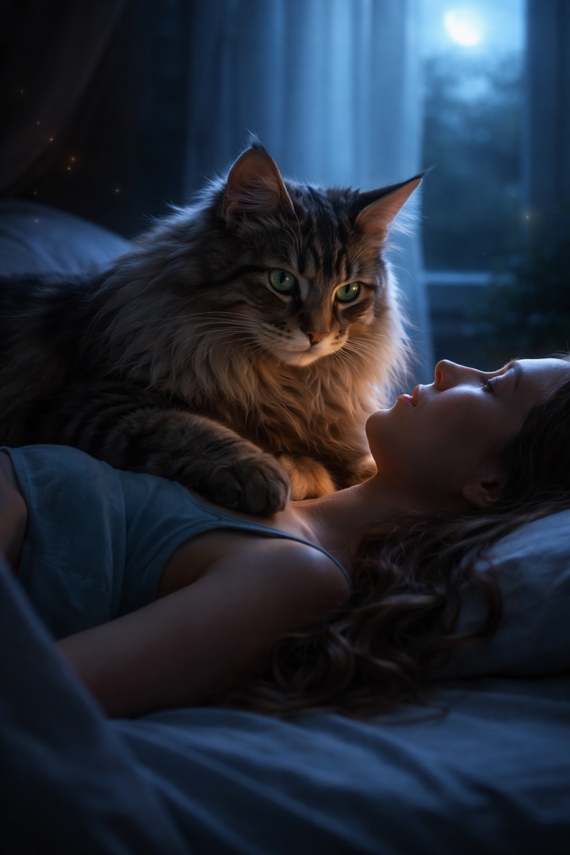 Maine Coon Katze sitzt nachts auf der Brust einer Frau und beobachtet sie aufmerksam im Mondlicht