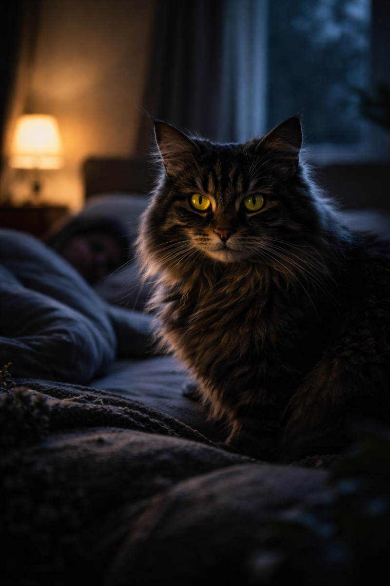 Langhaarige Katze mit leuchtenden Augen sitzt nachts auf einem Bett im Schlafzimmer, im Hintergrund schläft ein Mensch, warmes Licht und geheimnisvolle Atmosphäre.