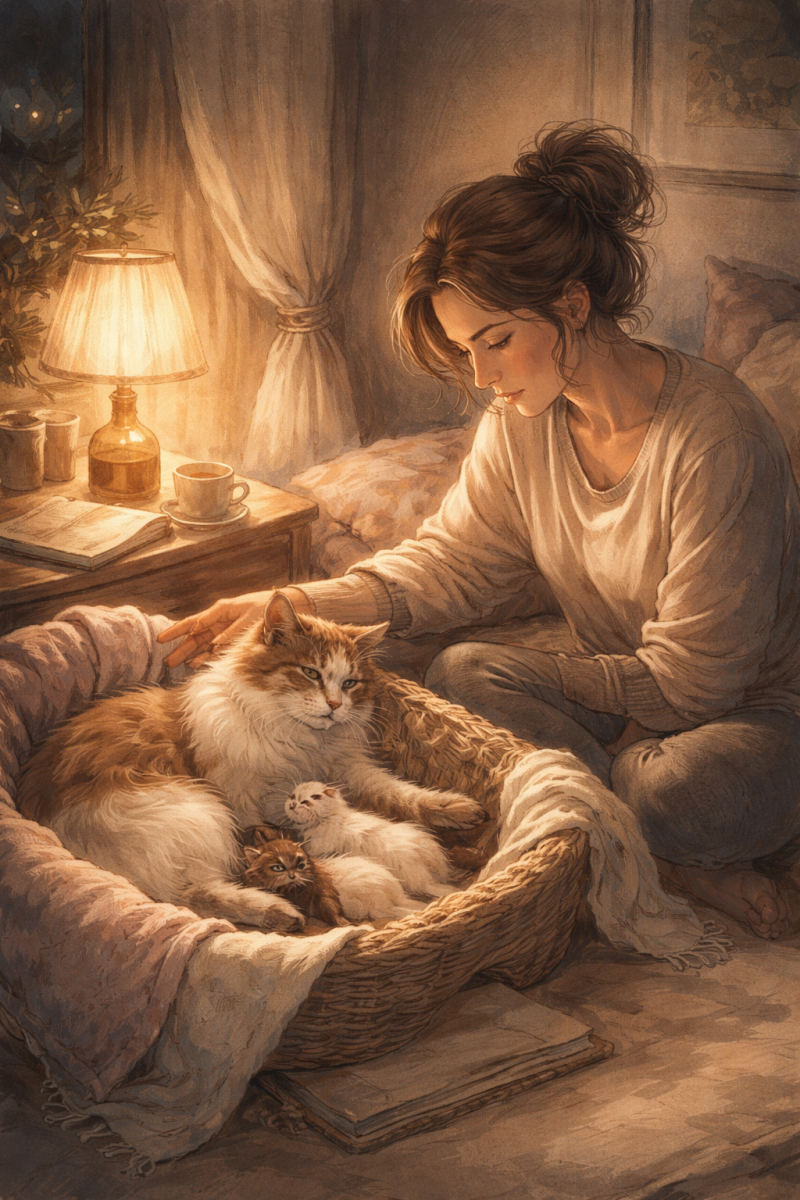 Illustrative Szene bei Nacht: eine Frau sitzt ruhig neben einer Katzenmutter mit neugeborenen Kitten in einem warm beleuchteten Raum, emotionale Atmosphäre von Fürsorge, Verantwortung und stiller Anspannung.