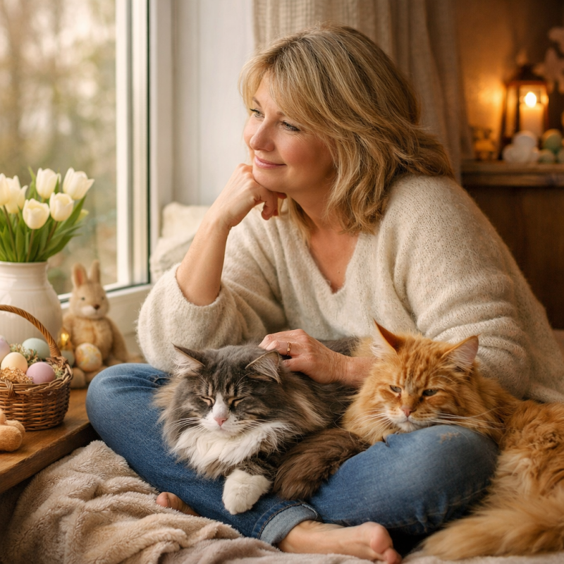 Frau sitzt ruhig am Fenster mit zwei Katzen auf dem Schoß, warme Osterstimmung, weiches Licht und eine ruhige, geborgene Atmosphäre.