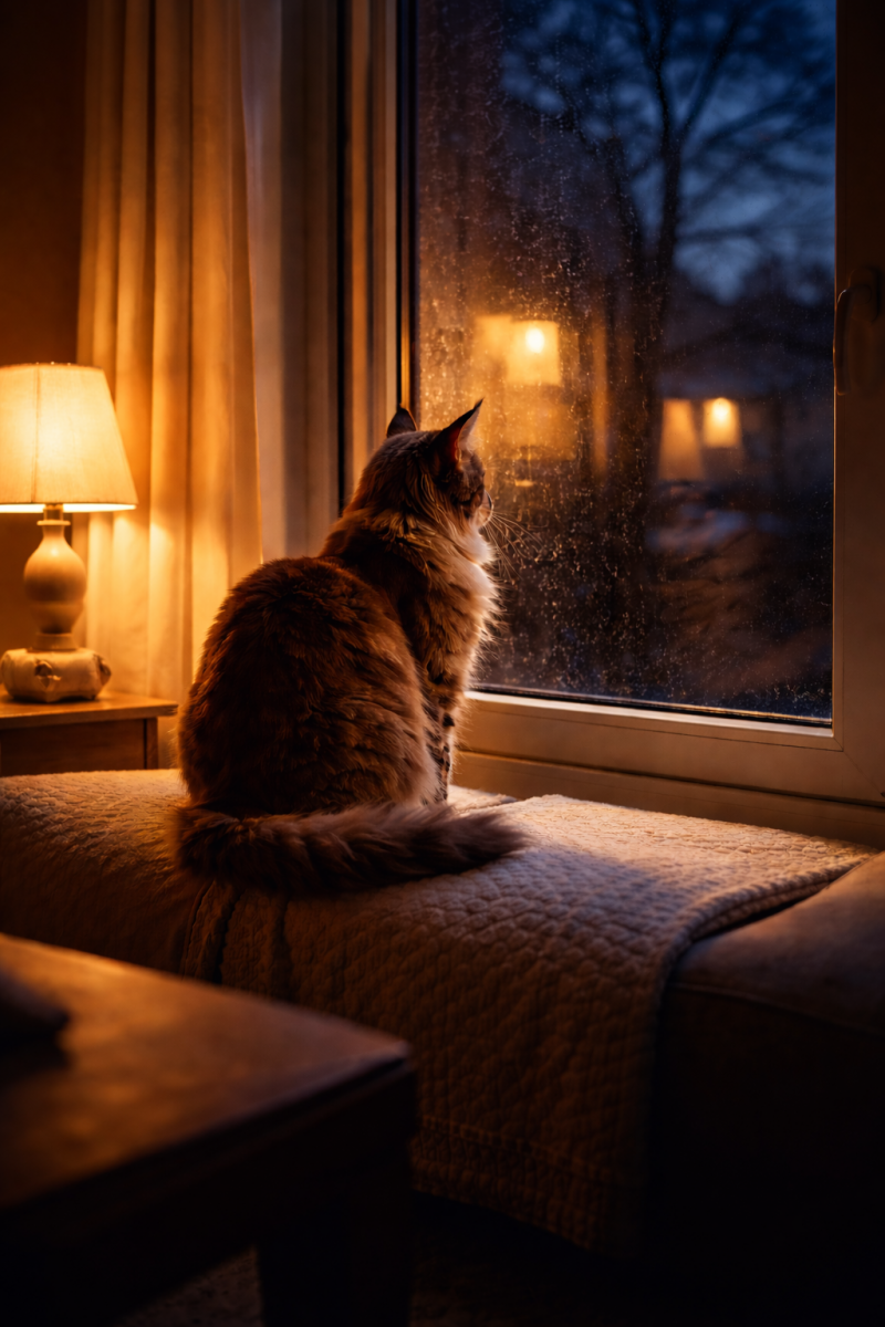 Maine Coon Katze sitzt abends auf einer Fensterbank im warmen Licht und schaut durch ein verregnetes Fenster nach draußen, ruhige und leicht geheimnisvolle Stimmung.