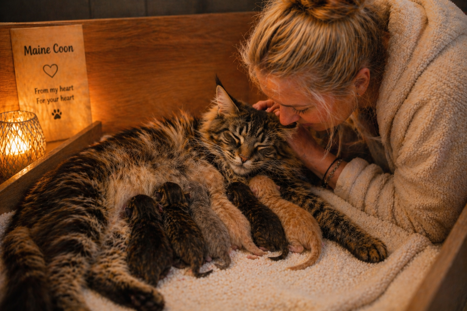 Frau beugt sich über eine Maine Coon Katze, die ihre neugeborenen Kitten in einer warmen, ruhigen Umgebung stillt, liebevolle und emotionale Atmosphäre.