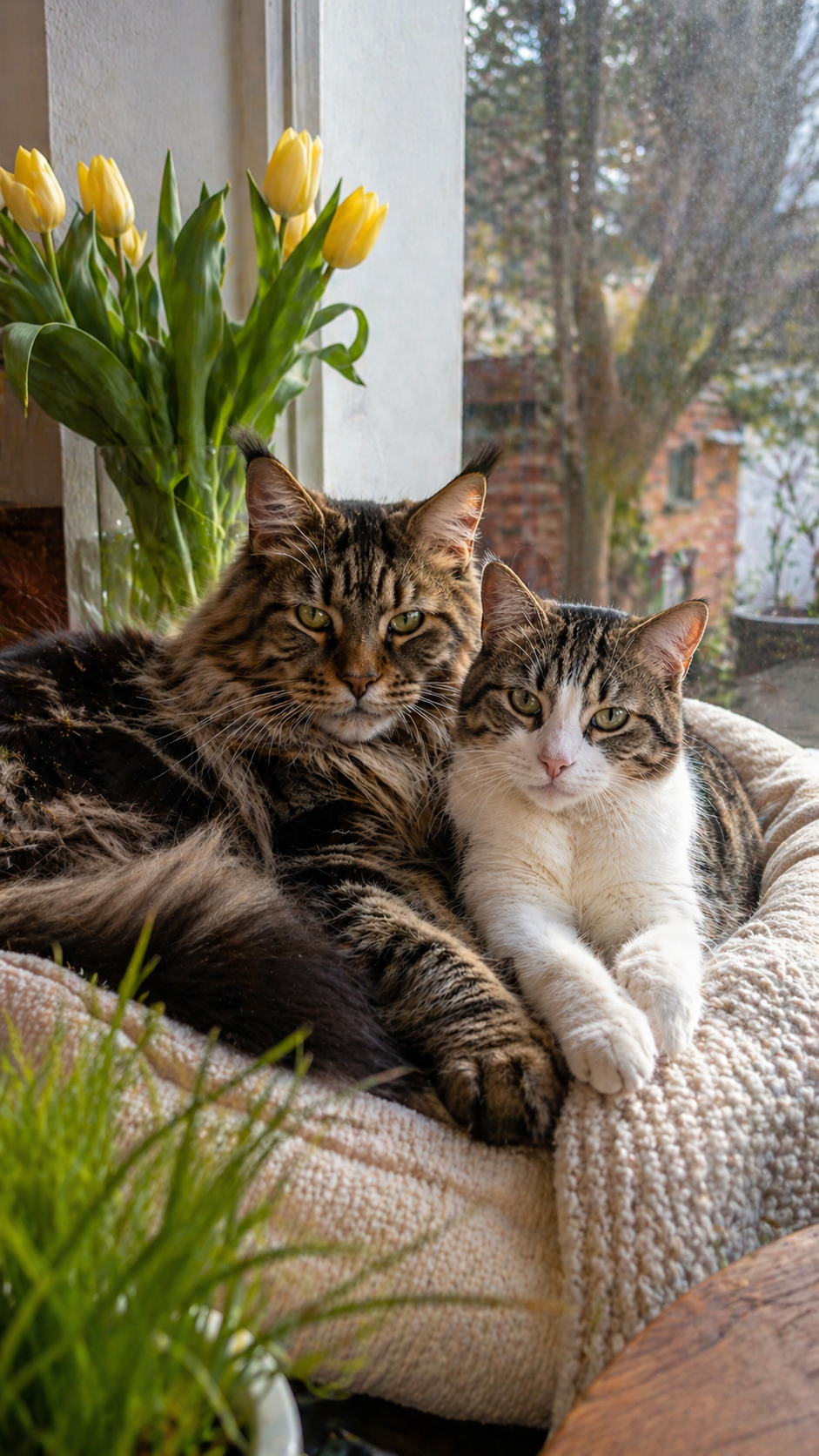 Maine Coon und eine zweite Katze liegen entspannt am Fenster im natürlichen Tageslicht, ruhige und warme Atmosphäre, die Sicherheit und Routine im Alltag zeigt.
