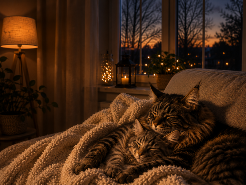 Zwei Maine Coon Katzen schlafen eng aneinander gekuschelt auf einer weichen Decke in einem warm beleuchteten Wohnzimmer am Abend, gemütliche und ruhige Atmosphäre mit Blick auf den Sonnenuntergang.