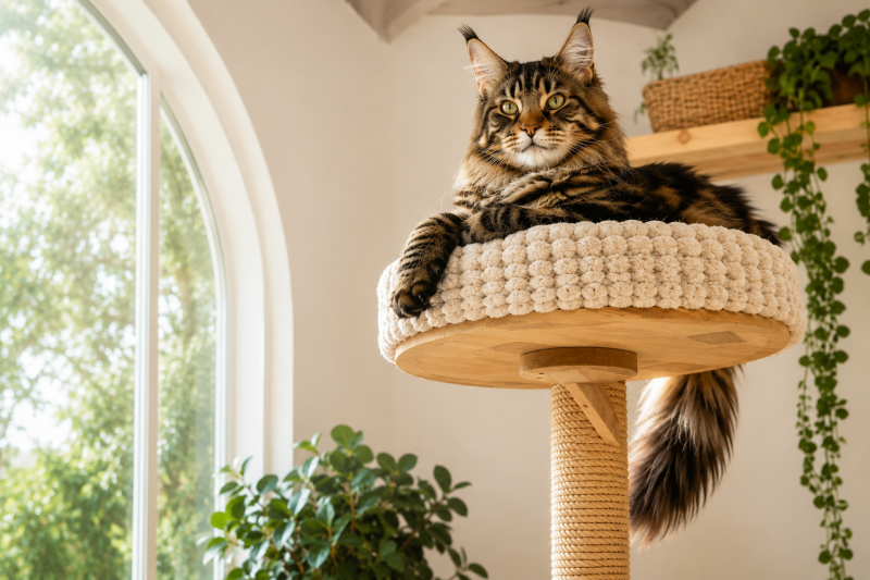 Große Maine Coon Katze entspannt auf einem hohen Kratzbaum in einem hellen, gemütlichen Zuhause mit natürlichem Tageslicht und ruhiger Atmosphäre.