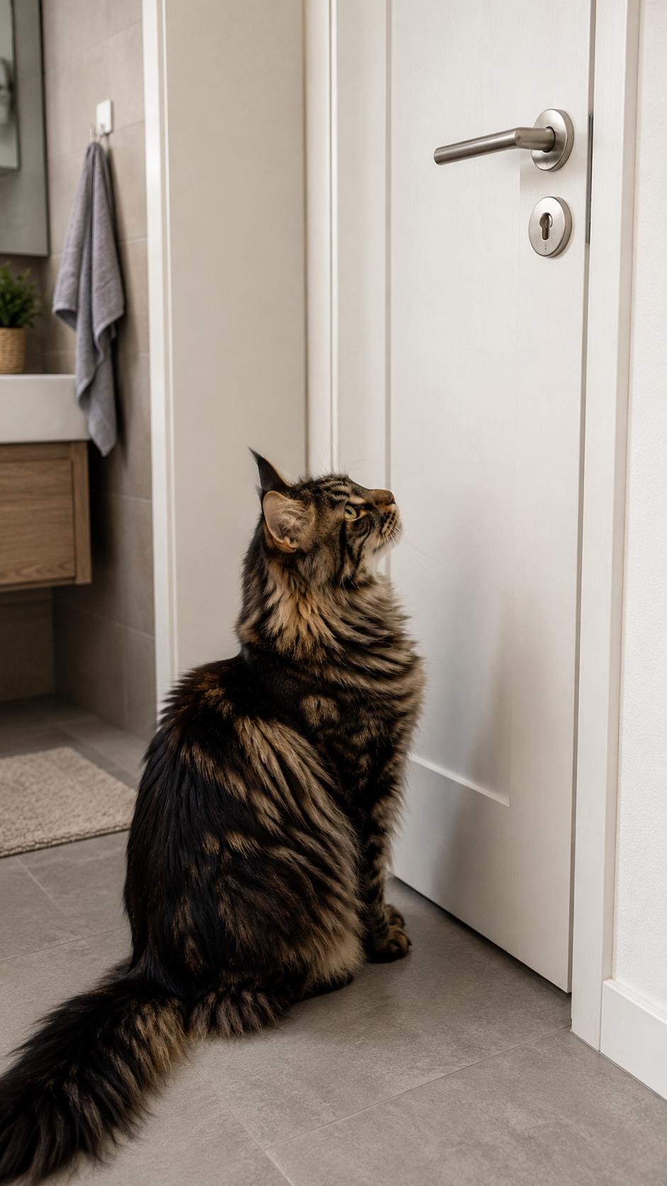 Maine Coon Katze sitzt aufmerksam vor einer geschlossenen Tür und wartet neugierig darauf, dass sie geöffnet wird.