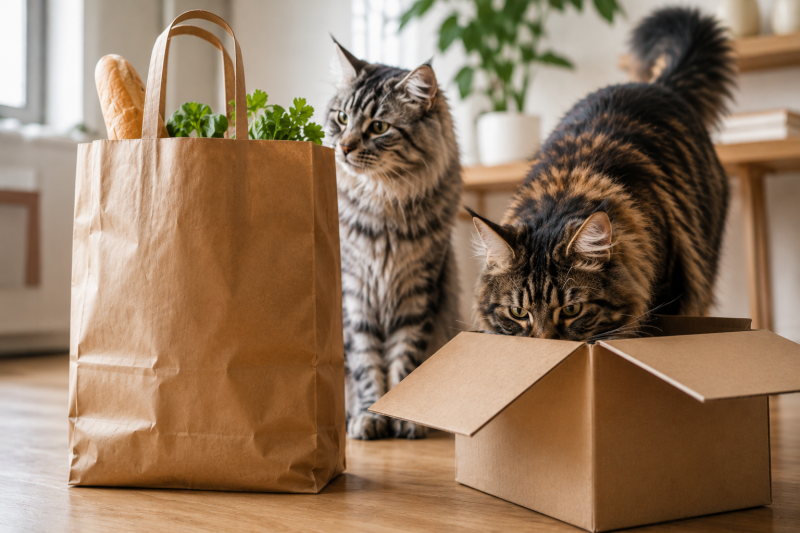 Neugierige Maine-Coon-Katzen erkunden eine Einkaufstüte und einen Karton in einem gemütlichen Zuhause. Die Katzen beschnuppern aufmerksam die neuen Gegenstände und zeigen ihr natürliches Interesse an unbekannten Gerüchen, Formen und ihrer Umgebung.