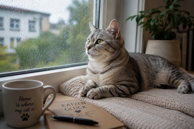 Katze blickt entspannt aus dem Fenster ihres vertrauten Zuhauses. Das Bild symbolisiert, warum viele Katzen sich in ihrer gewohnten Umgebung am wohlsten fühlen und Veränderungen oft als Stress empfinden.