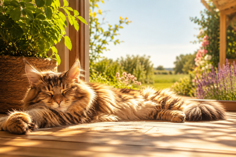 Katze entspannt sich an einem warmen Sommertag im Garten und genießt die Sonne. Das Bild zeigt die natürliche Vorliebe vieler Katzen für Wärme, Ruhe und sonnige Plätze.