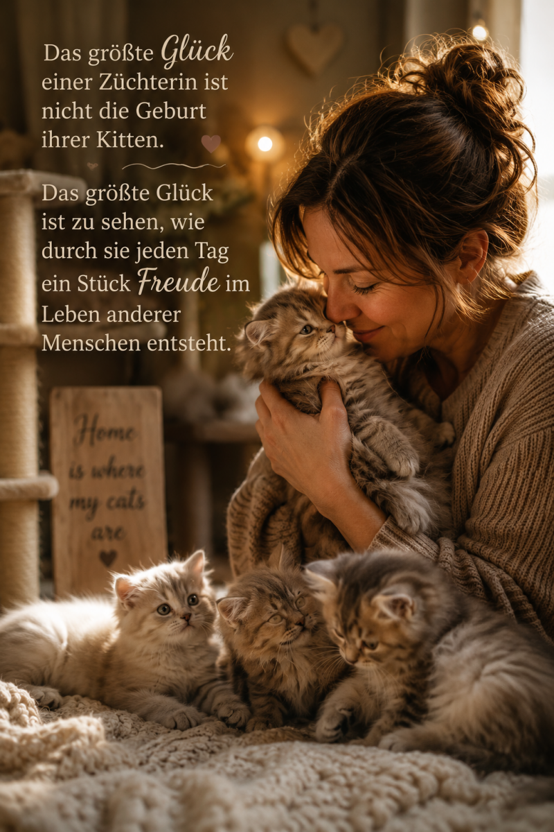 Eine Maine-Coon-Züchterin hält liebevoll ein kleines Kitten im Arm, während weitere Maine-Coon-Kitten um sie herum liegen. Das warme, gemütliche Bild symbolisiert die enge Bindung zwischen Züchterin und ihren Kitten sowie die Freude, die sie später ihren 