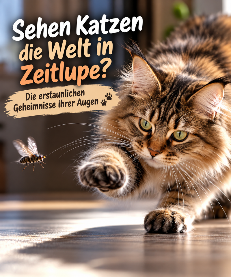 Eine Katze verfolgt aufmerksam eine fliegende Fliege – faszinierende Fakten über Katzenaugen, ihre Wahrnehmung von Bewegungen und ihr Sehvermögen.