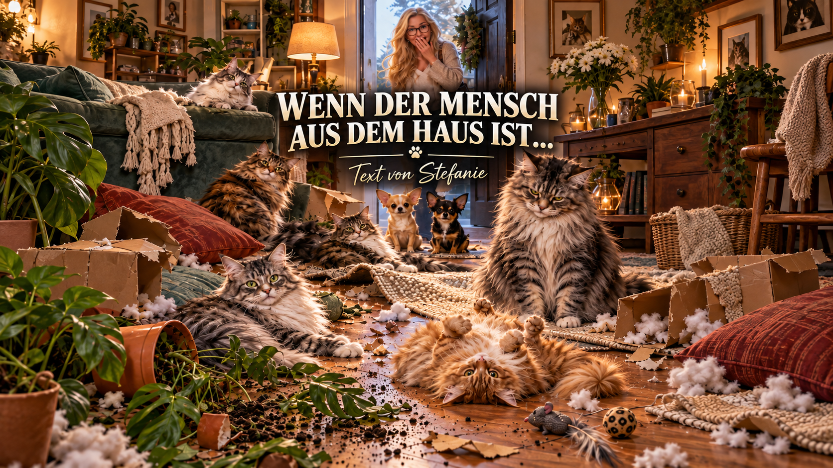 Sechs Katzen und zwei Chihuahuas im chaotischen Wohnzimmer – humorvolle Maine Coon Geschichte von Stefanie bei Wild Kraft’s