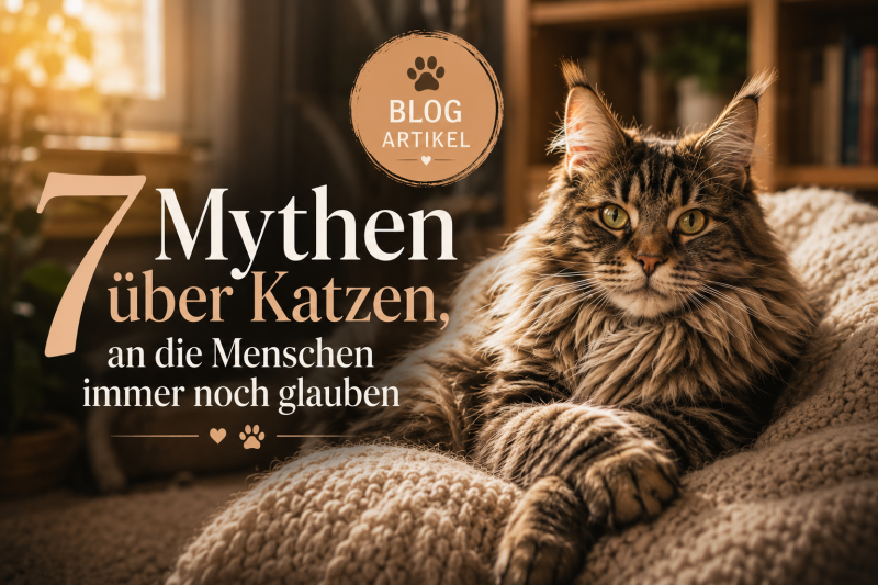 Maine Coon mit dem Titel „7 Mythen über Katzen, an die Menschen immer noch glauben“ – Blogartikel über verbreitete Katzenmythen, Verhalten und das bessere Verstehen von Katzen.