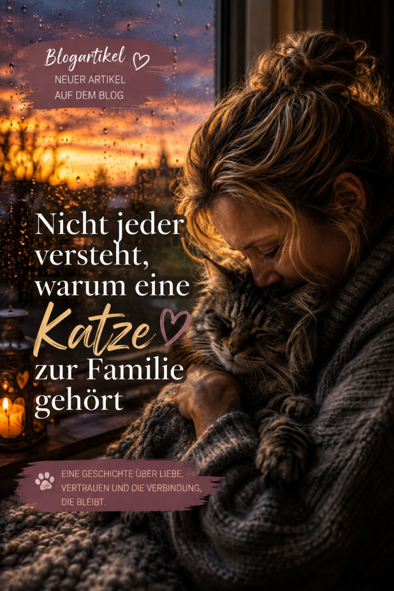 Eine Frau umarmt liebevoll ihre Katze am Fenster bei Sonnenuntergang. Das Bild zeigt die tiefe emotionale Verbindung zwischen Mensch und Katze und passt zu einem Blogartikel über Katzen als Familienmitglieder.