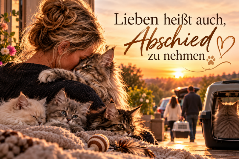 Frau verabschiedet sich liebevoll von einer Maine Coon – Abschied, Liebe und Verlust in der Katzenzucht.