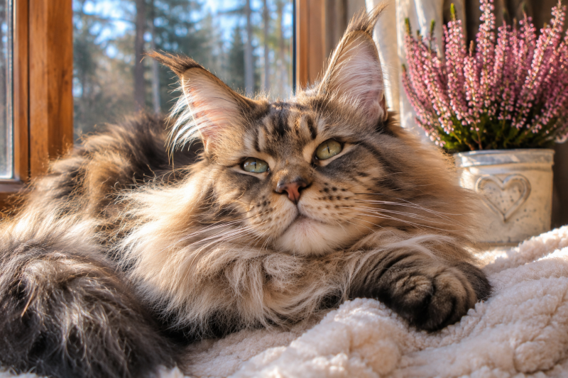 Maine-Coon-Katze liegt entspannt im Sonnenlicht am Fenster und reagiert nicht auf ihren Namen.