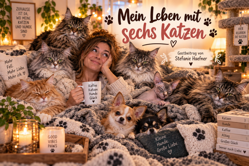 Sechs Katzen und zwei Hunde im Zuhause von Stefanie Haefner – Gastbeitrag über ihr Leben mit ihren Tieren.
