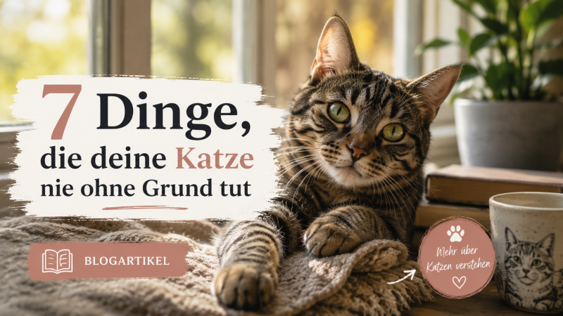 Katze in einem gemütlichen Zuhause mit dem Titel „7 Dinge, die deine Katze nie ohne Grund tut“ – Blogartikel über Katzenverhalten und das Verstehen von Katzen.