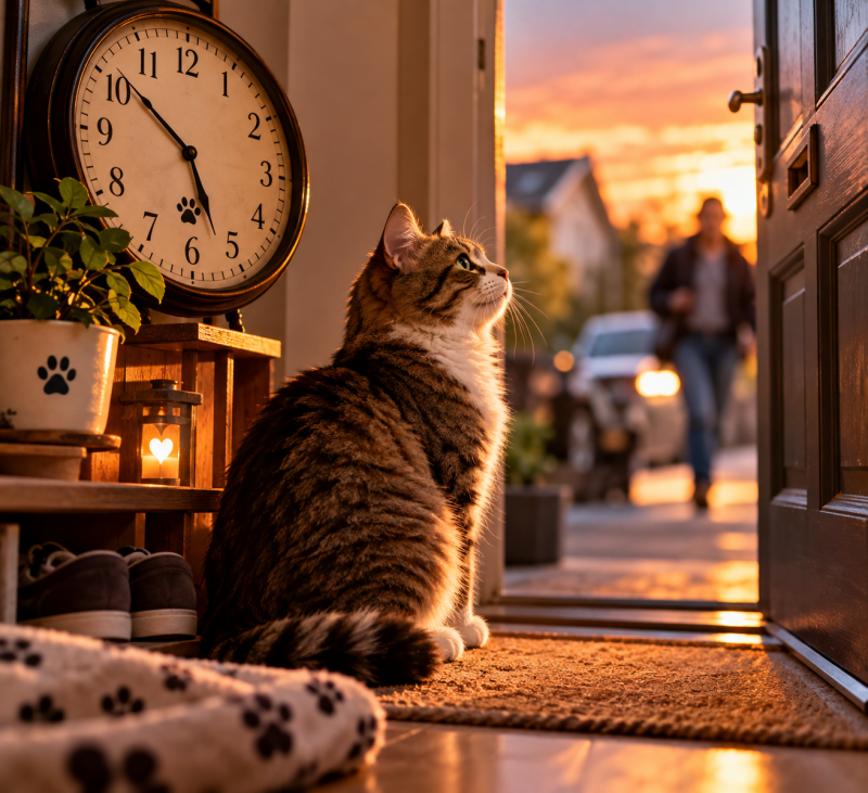 Eine flauschige Katze wartet an der Haustür auf die Rückkehr ihres Menschen. Eine Wanduhr symbolisiert das Zeitgefühl und die innere Uhr der Katze.