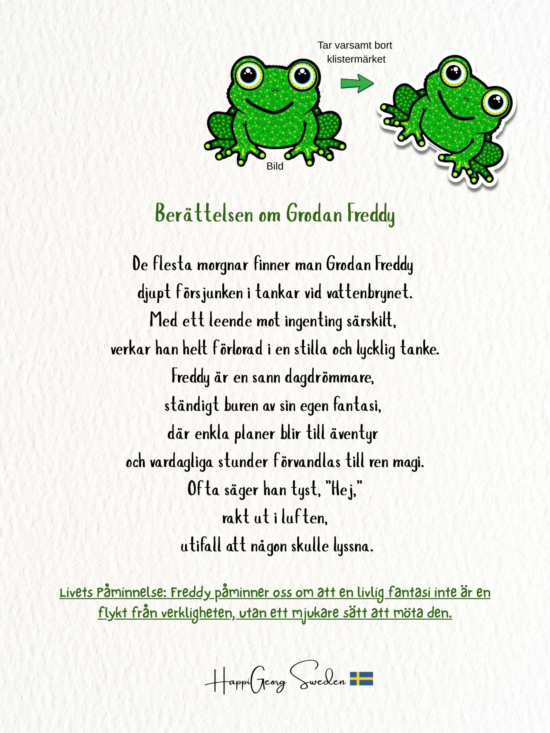 Kawaii inspirerad illustration och berättelsekort med Grodan Freddy