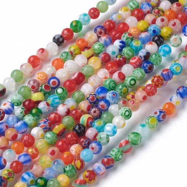 Ronde Millefiori glaskralen lampwork 4 mm | Streng ca. 95 stuks